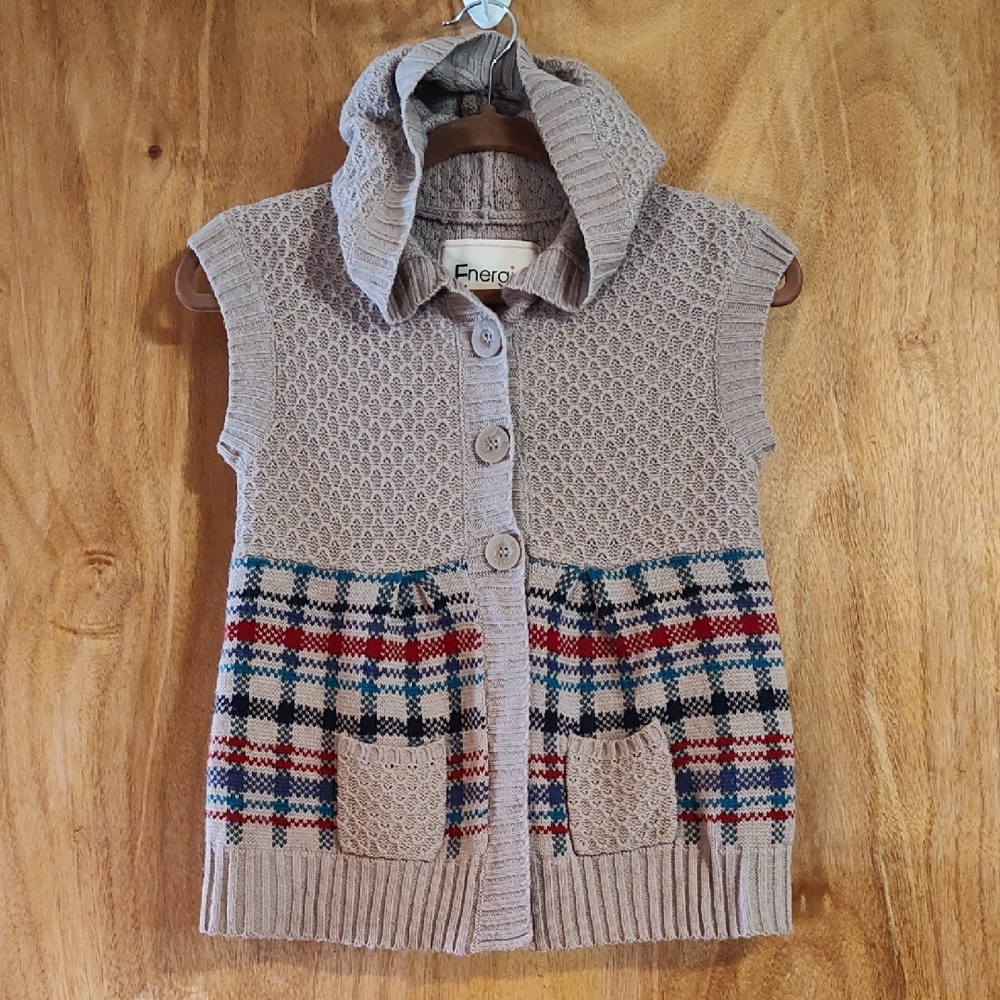 Y2K Vintage Energie Girls Hooded Sweater Vest Tan Textured Plaid Red Purple Lrg